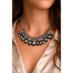 Statement Necklace Crystal Teardrop Bib Necklace Gunmetal Rhinestone  Jewelry